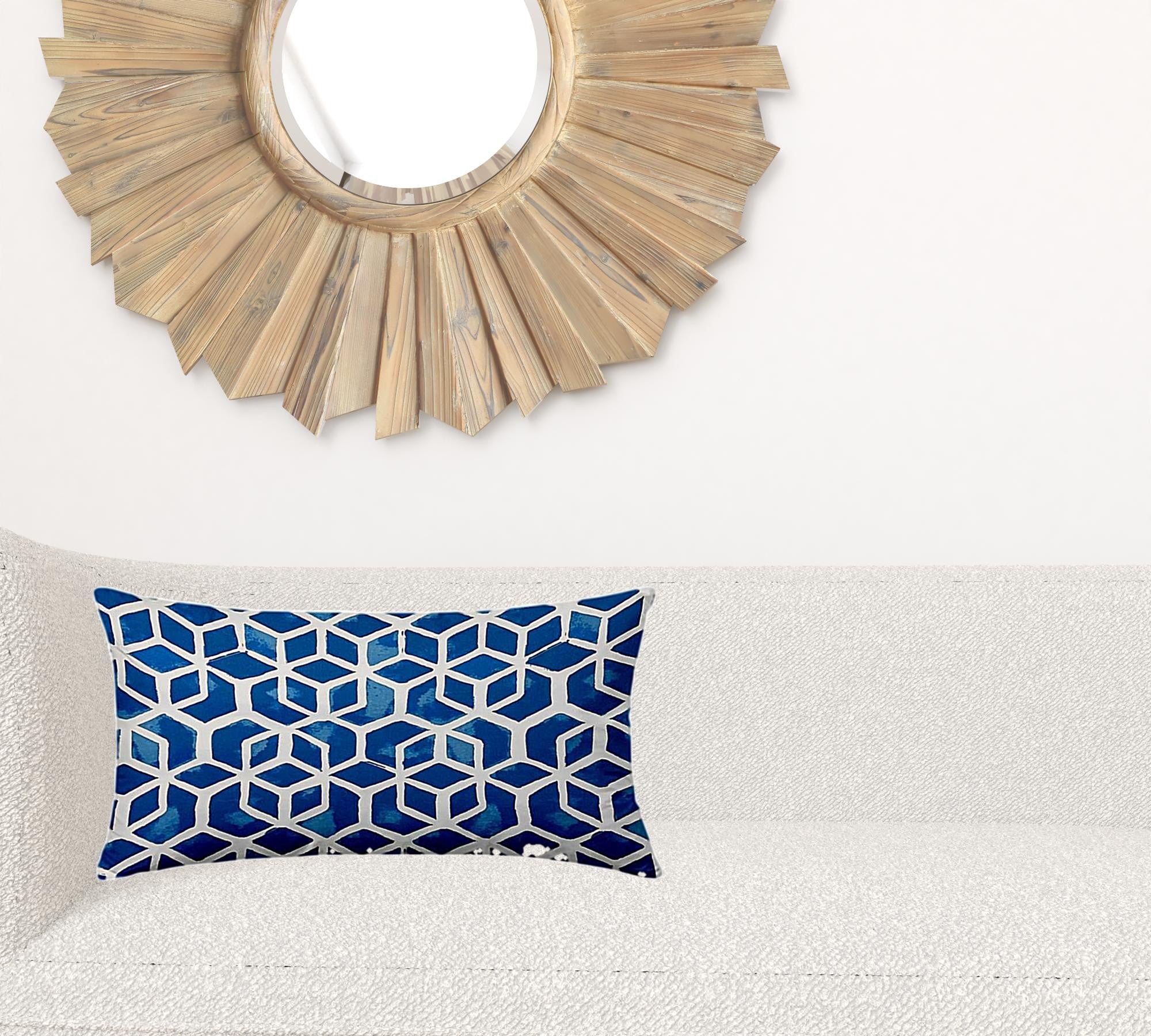 14" X 24" Blue And White Blown Seam Geometric Lumbar Indoor Outdoor Pillow