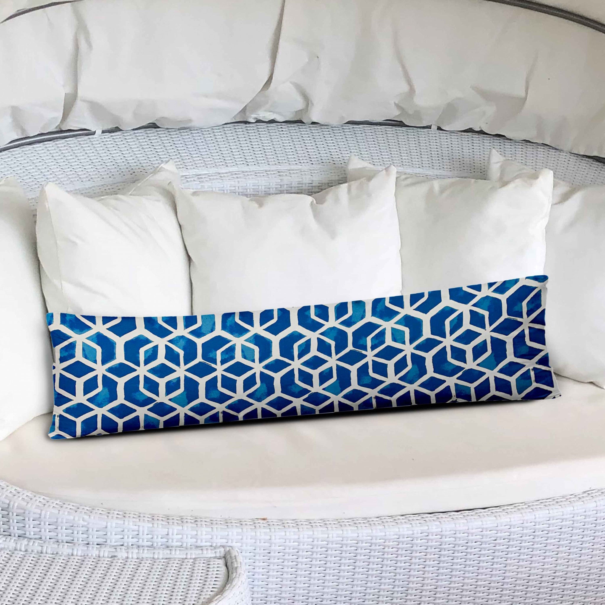 12" X 48" Blue And White Zippered Geometric Lumbar Indoor Outdoor Pillow Cover