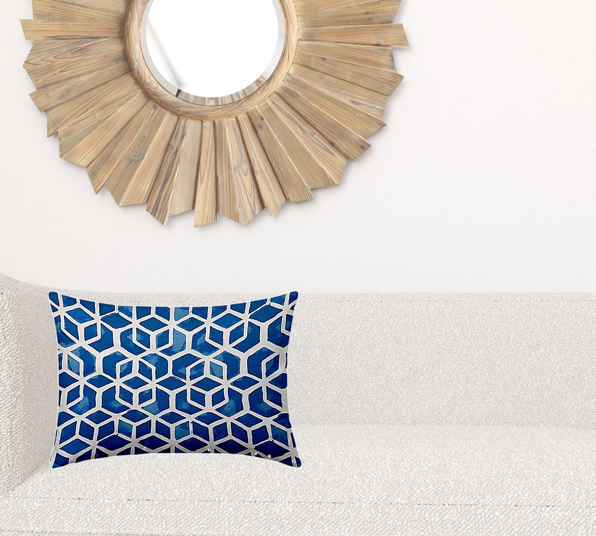 14" X 20" Blue And White Zippered Geometric Lumbar Indoor Outdoor Pillow Cover