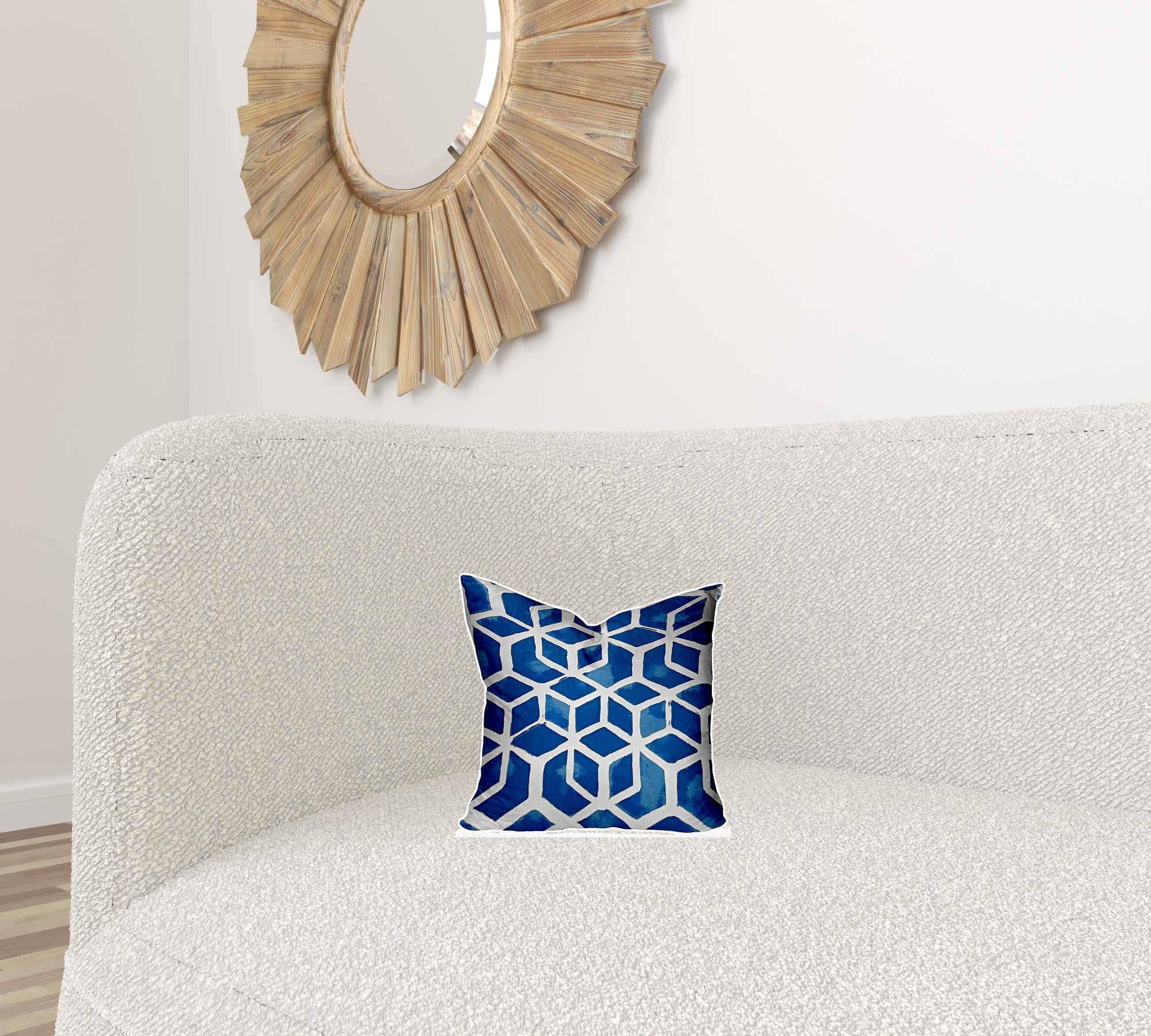 12" X 12" Blue And White Enveloped Geometric Throw Indoor Outdoor Pillow