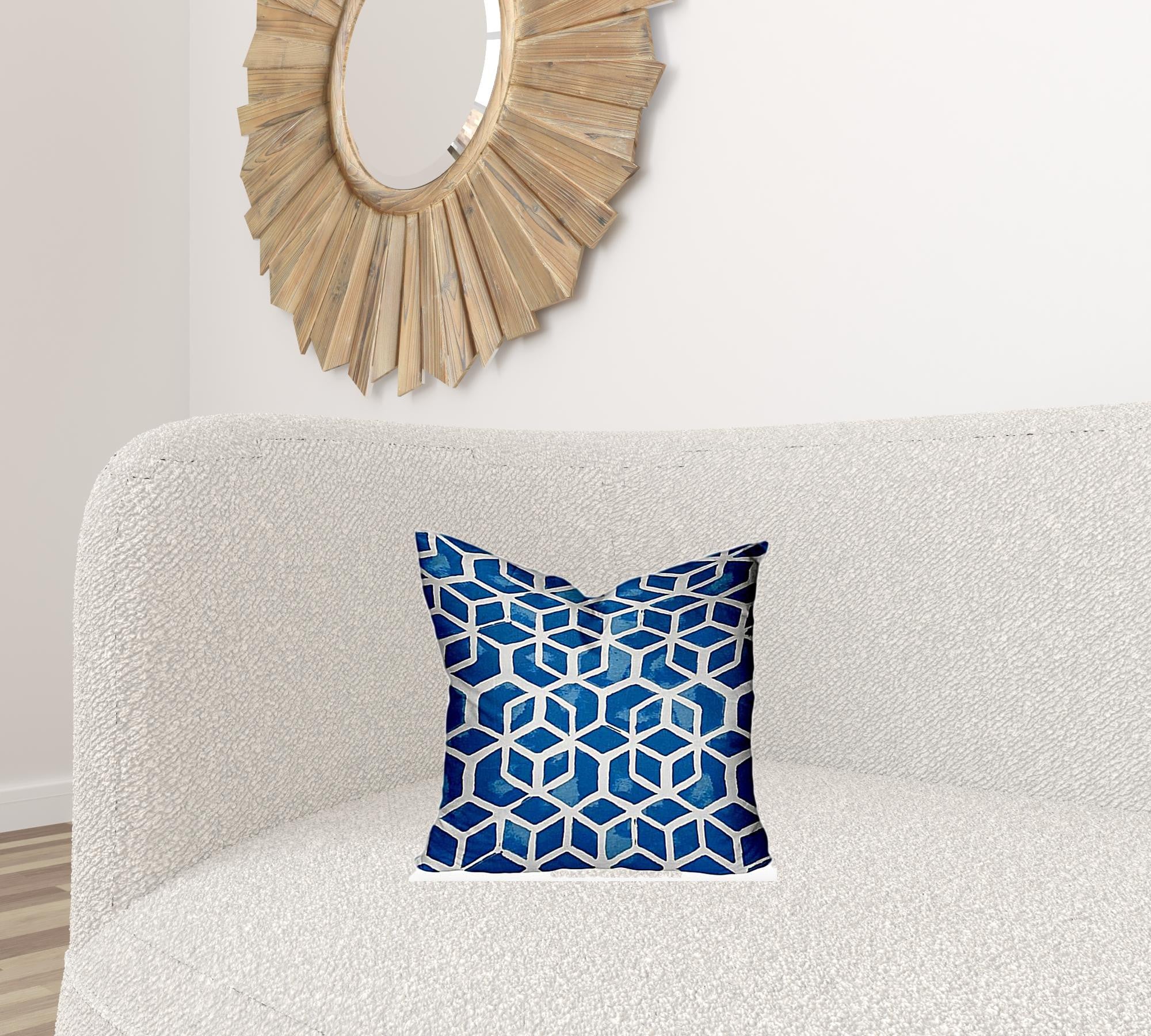 16" X 16" Blue And White Enveloped Geometric Throw Indoor Outdoor Pillow Cover