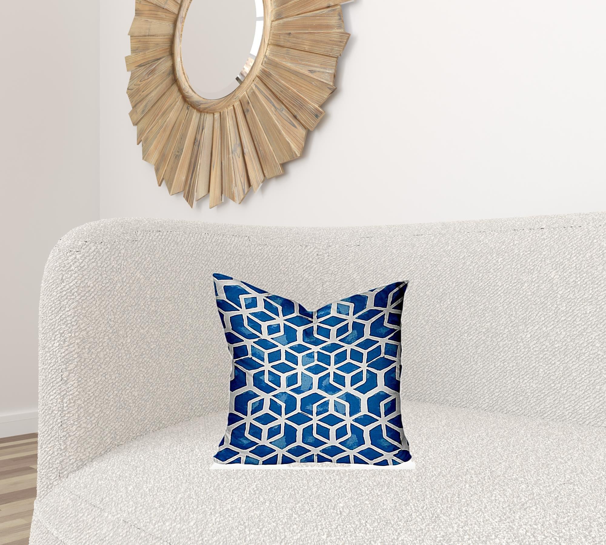17" X 17" Blue And White Zippered Geometric Throw Indoor Outdoor Pillow