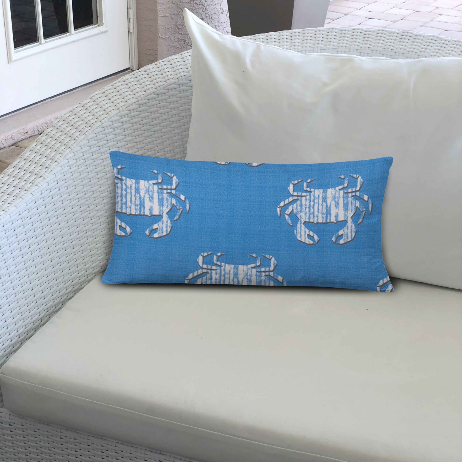 14" X 24" Blue And White Crab Enveloped Coastal Lumbar Indoor Outdoor Pillow