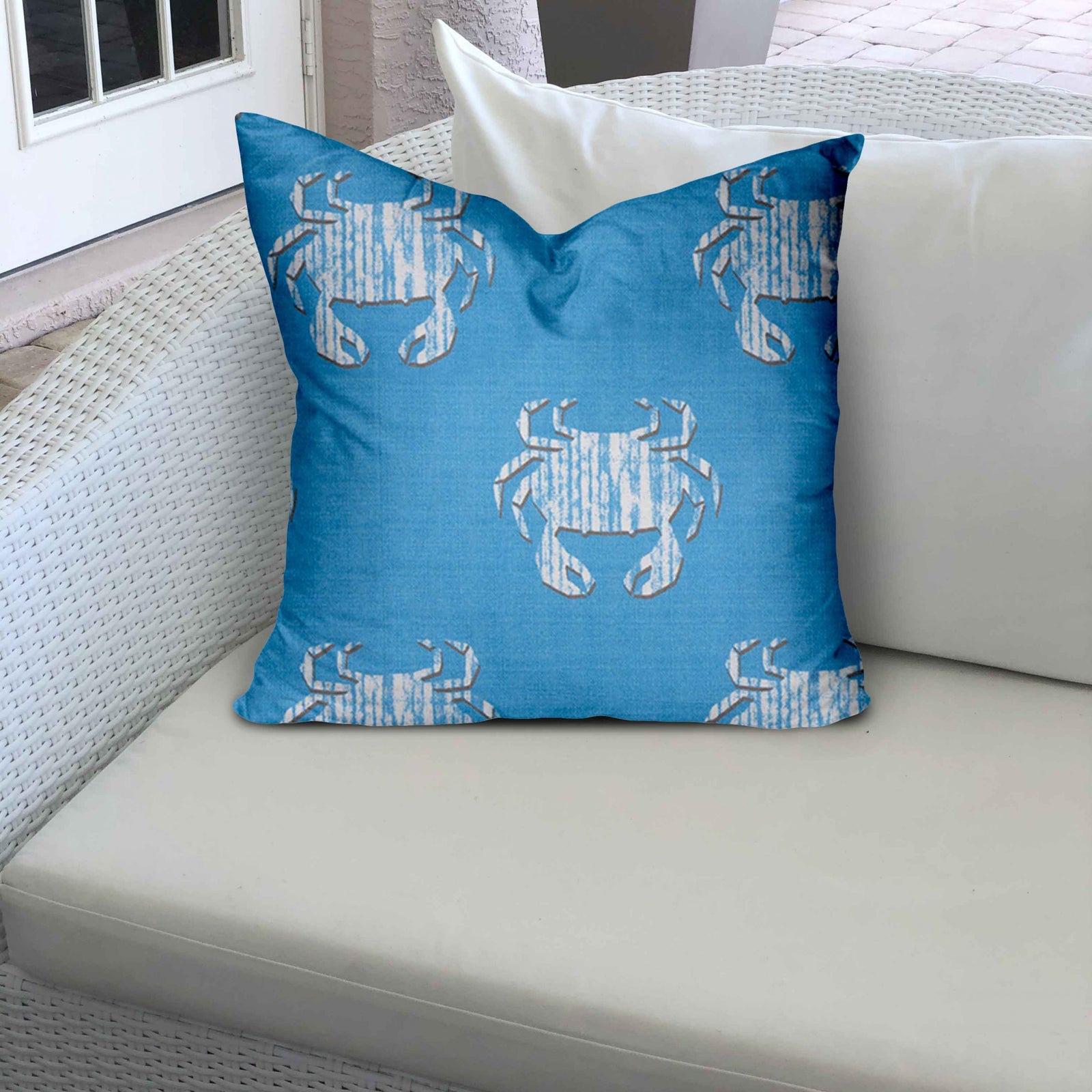 17" X 17" Blue And White Crab Blown Seam Coastal Throw Indoor Outdoor Pillow