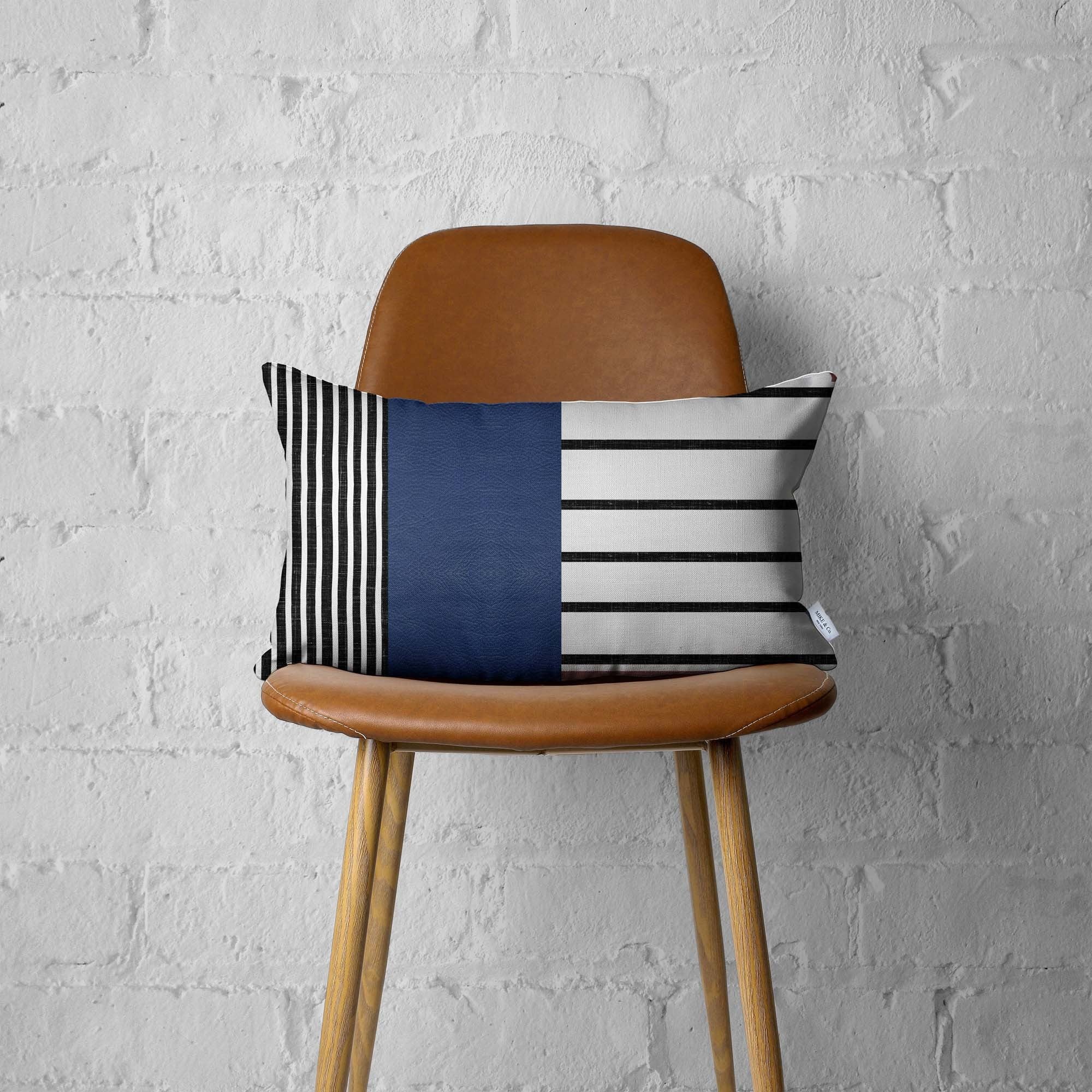 12" X 20" Navy Blue Striped Zippered Handmade Faux Leather Lumbar Pillow Cover