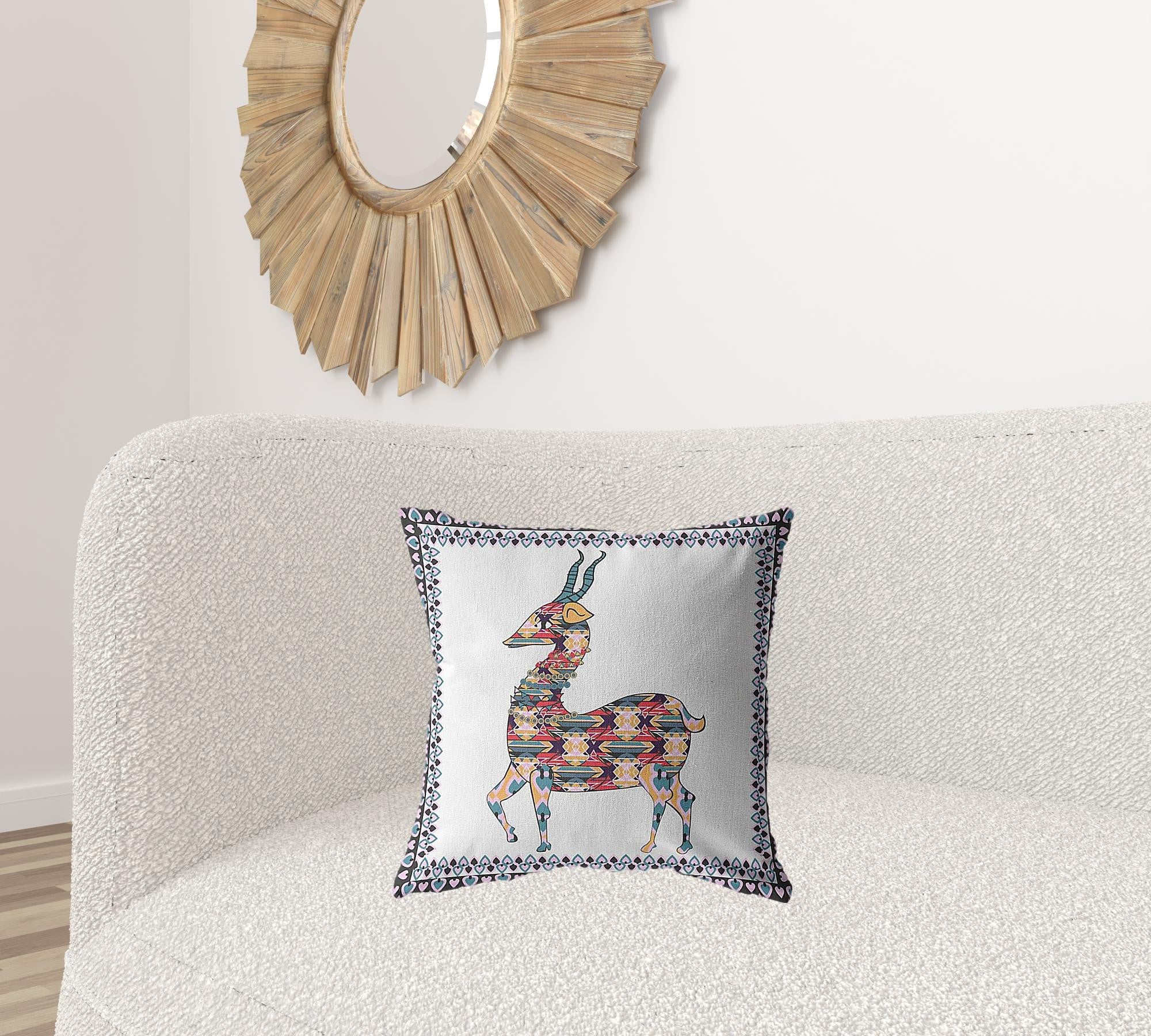 Cojín de gamuza con cremallera de ciervo boho azul blanco de 18 "