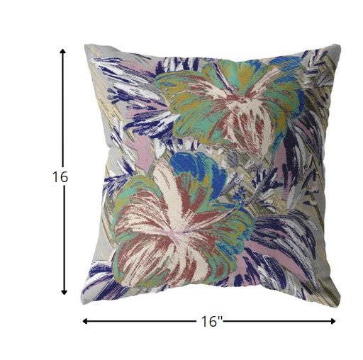 16” Lilac Green Hibiscus Zippered Suede Throw Pillow