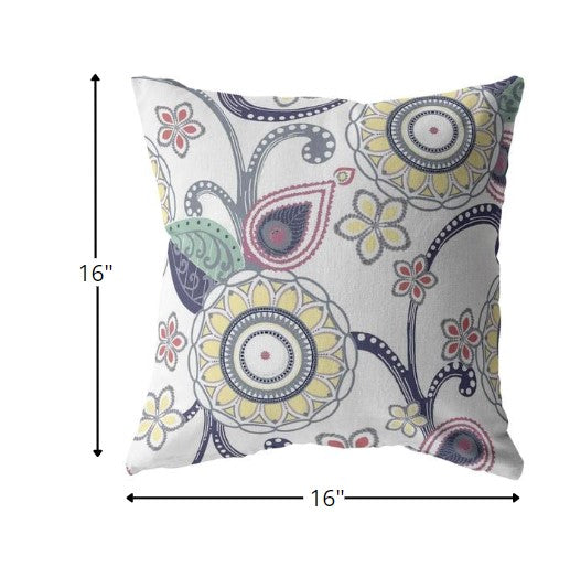 16” White Yellow Floral Suede Zippered Throw Pillow