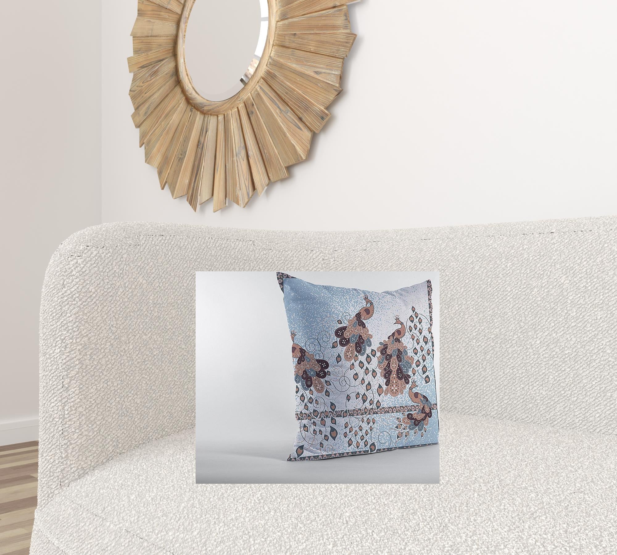 Cojín de gamuza con cremallera de pájaro azul marrón boho de 18 "