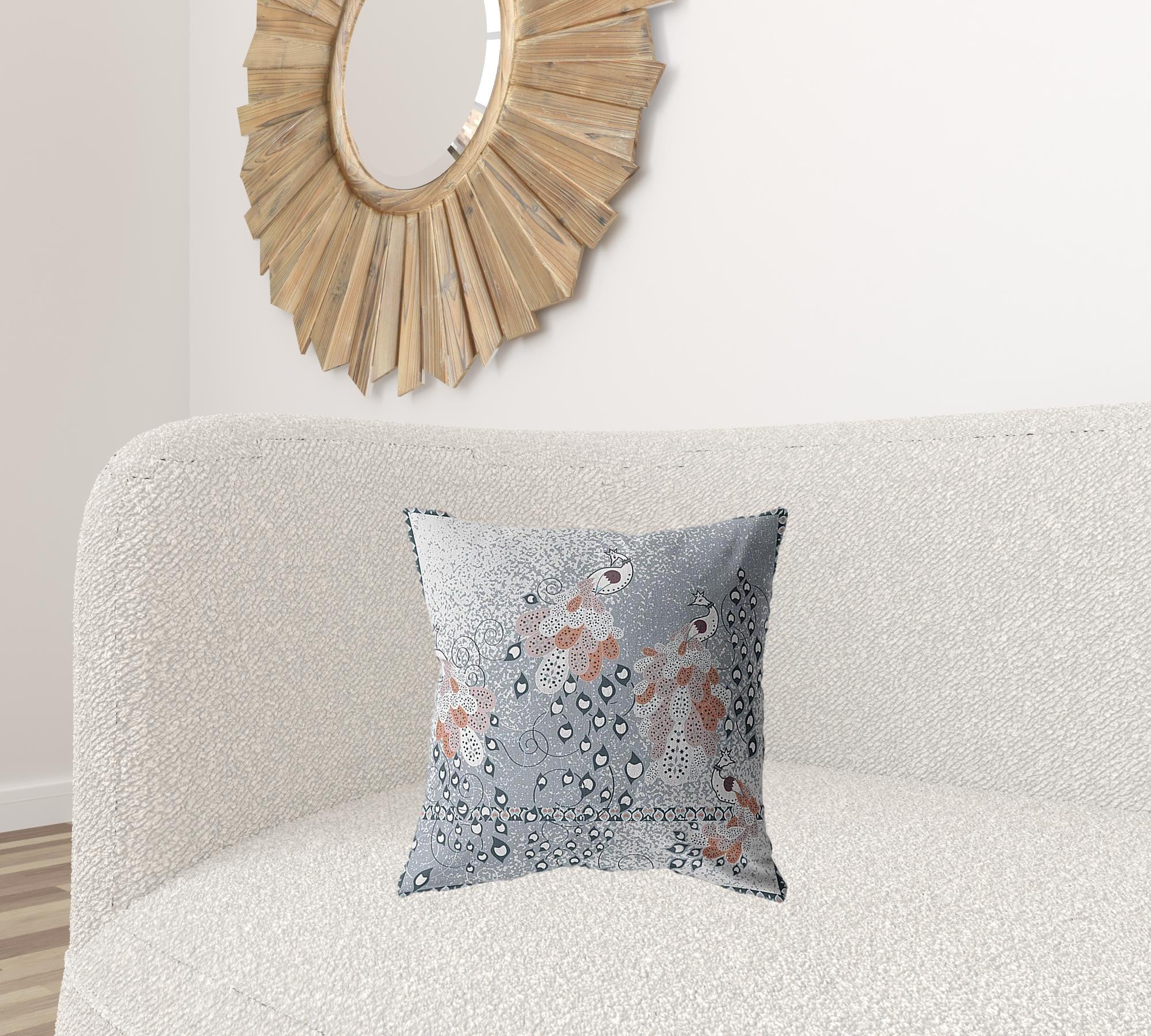 Cojín de gamuza con cremallera de pájaro boho gris naranja de 18 "