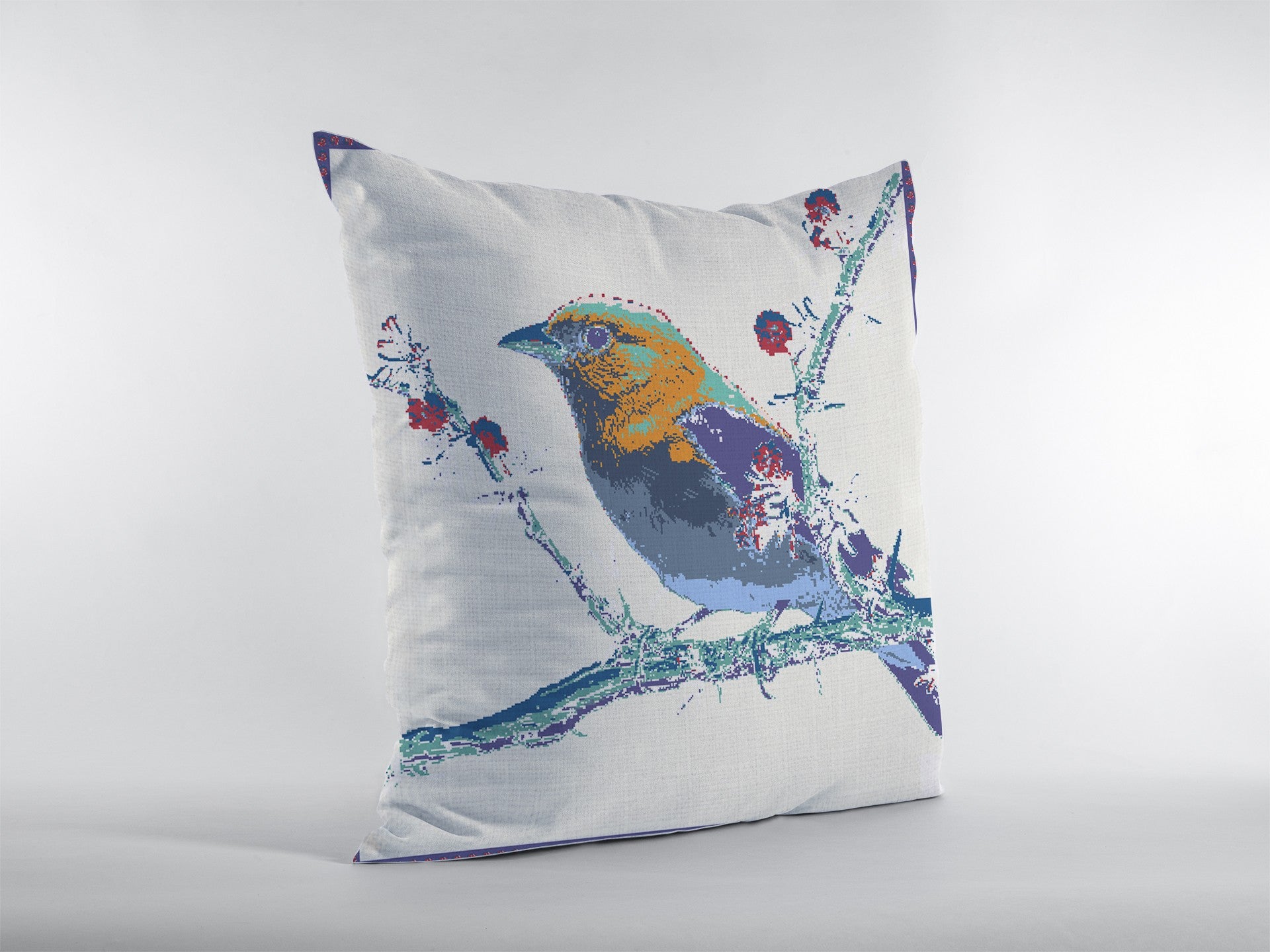 16” Blue White Robin Zippered Suede Throw Pillow