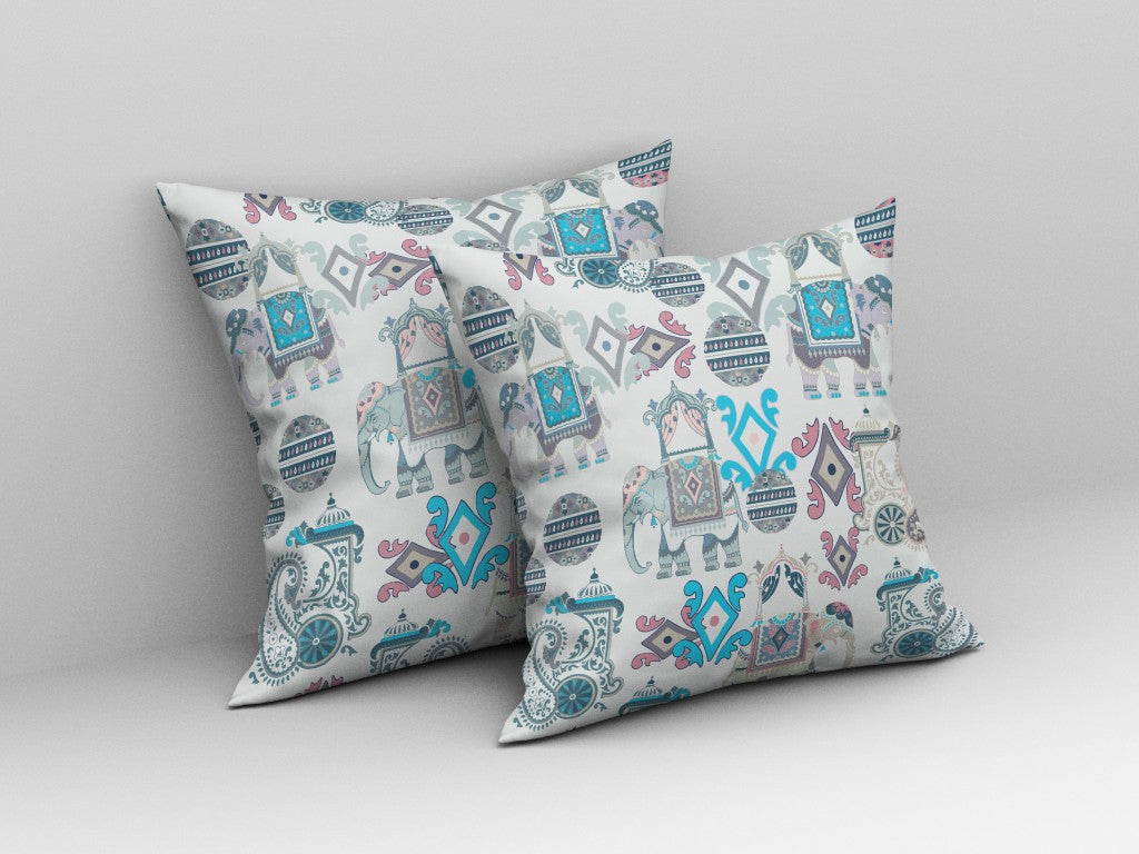18" White Cyan Tribal Indoor Outdoor Zip Throw Pillow