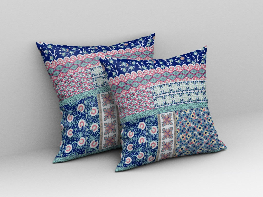 16” Blue Pink Patch Indoor Outdoor Zippered Throw Pillow