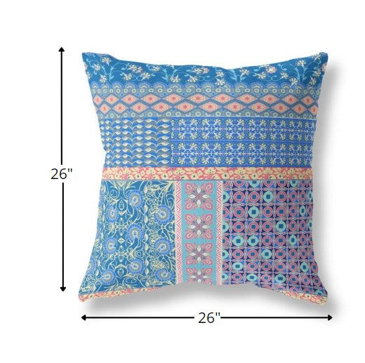 18” Blue Yellow Patch Indoor Outdoor Zippered Throw Pillow