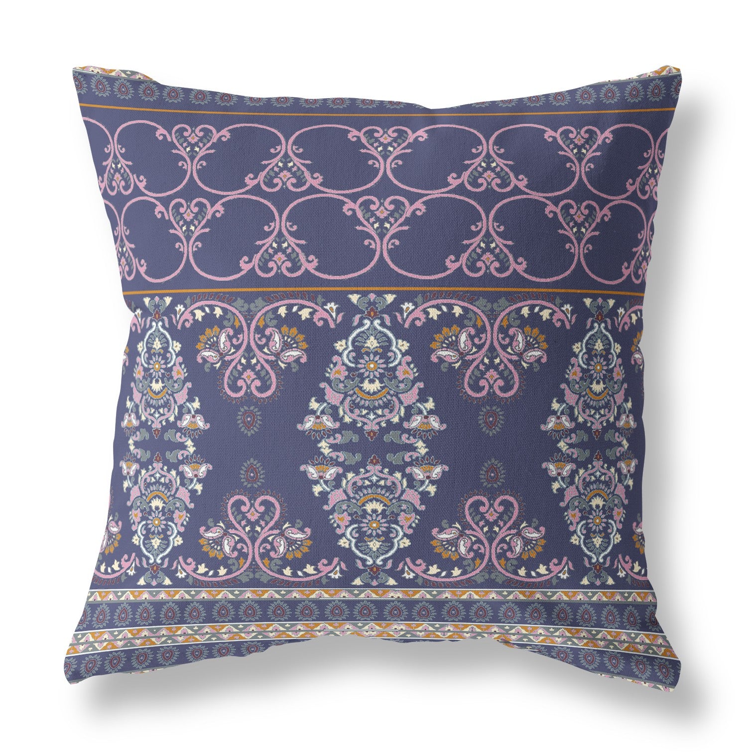 18" X 18" Blue And Pink Zippered Damask Indoor Outdoor Throw Pillow