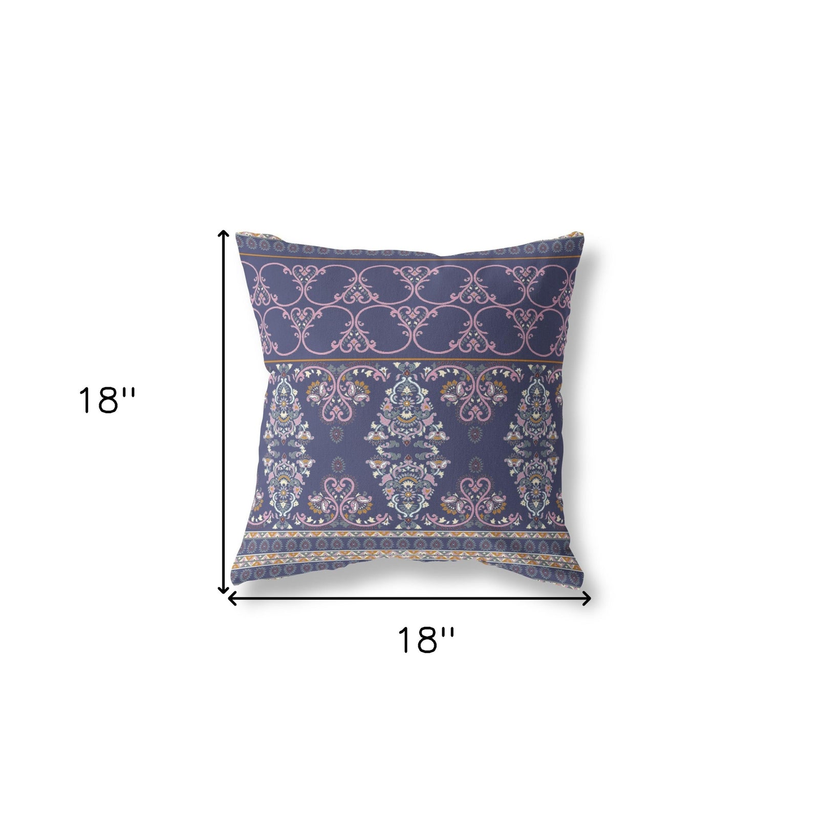 18" X 18" Blue And Pink Zippered Damask Indoor Outdoor Throw Pillow