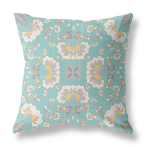16" Mint White Floral Indoor Outdoor Zip Throw Pillow