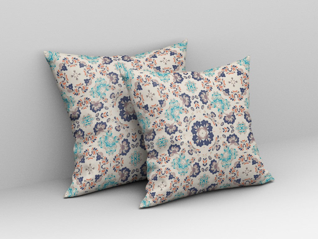 18"x18" White Gray and Teal Zip Broadcloth Floral Throw Pillow
