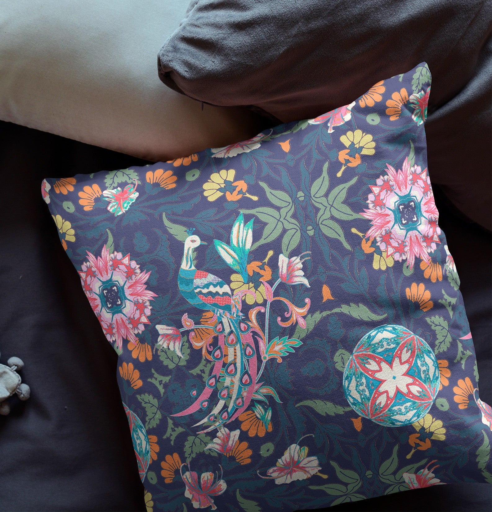 16" Navy Pink Peacock Indoor Outdoor Zip Throw Pillow