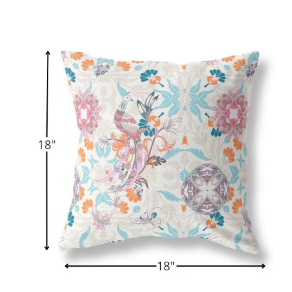 18" Pink Blue Peacock Indoor Outdoor Zip Throw Pillow