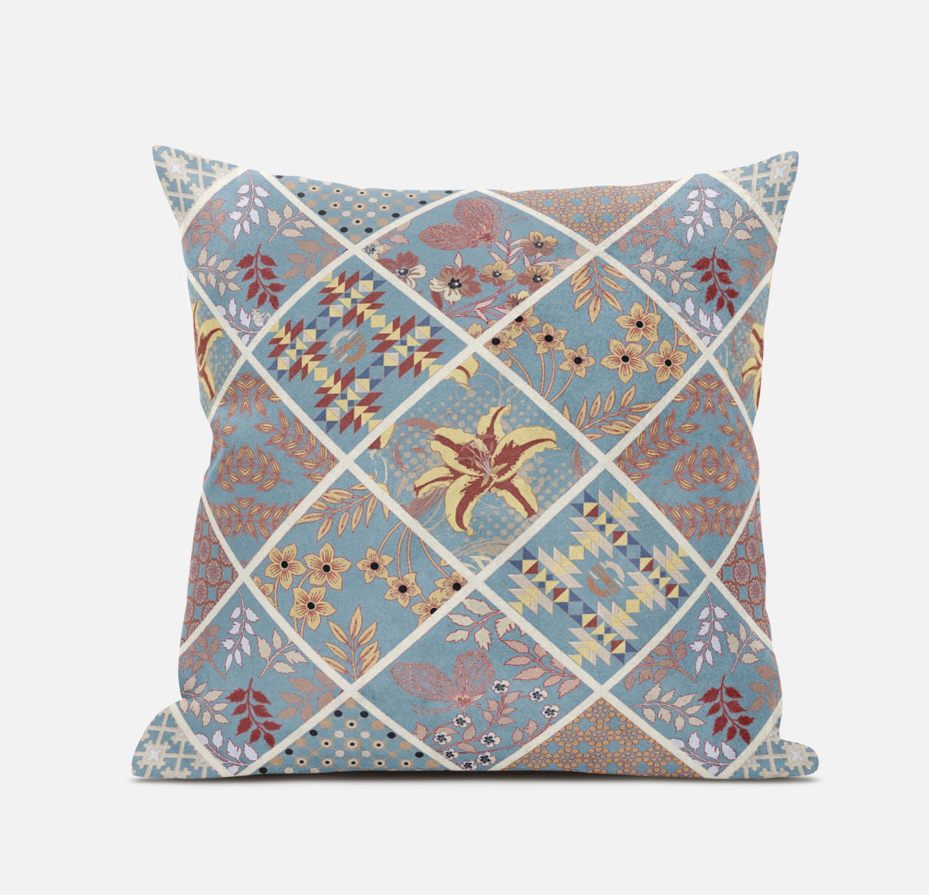 18 英寸藍色黃色貼片絨面革抱枕