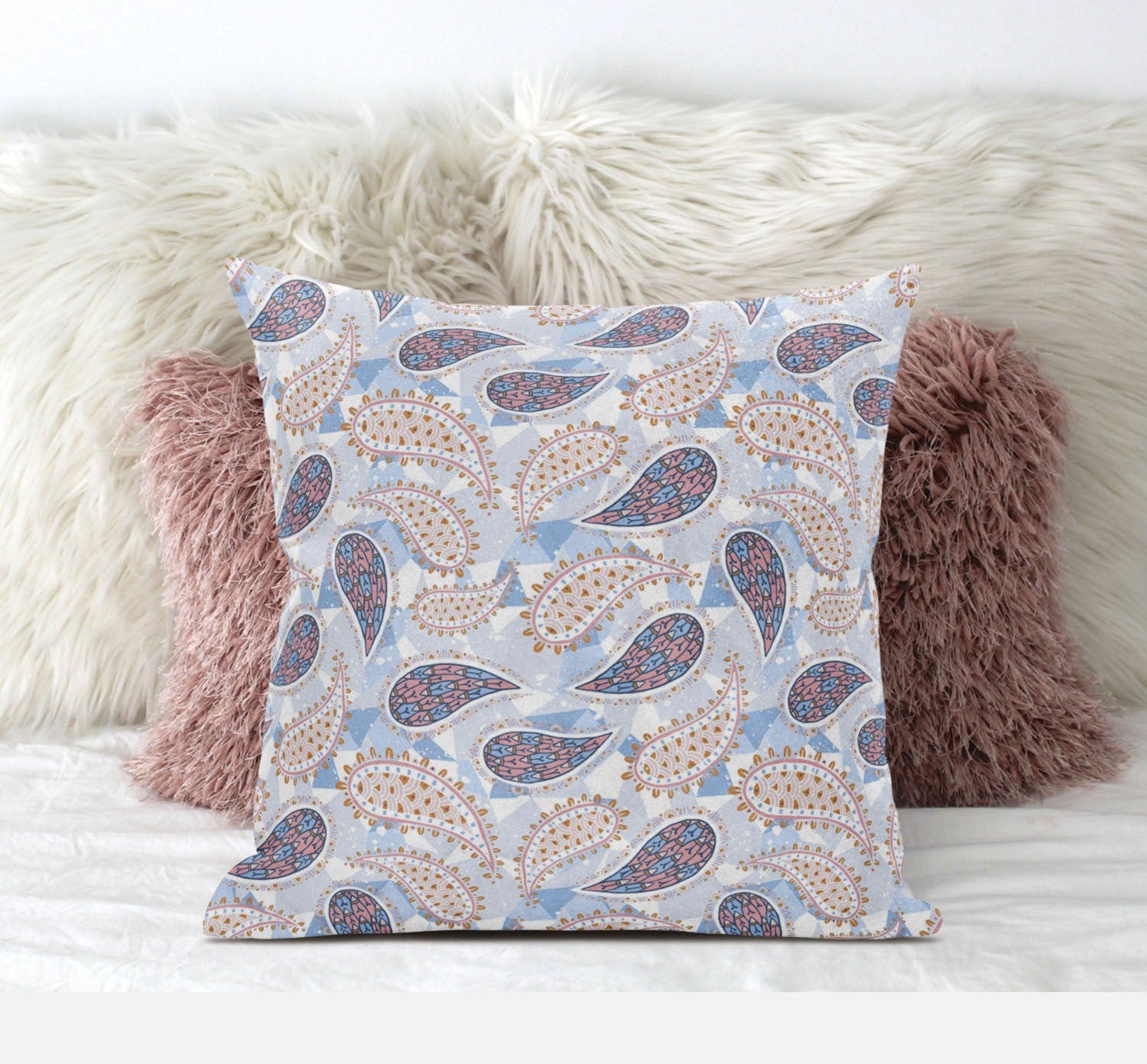 16” Blue Pink Boho Paisley Suede Throw Pillow
