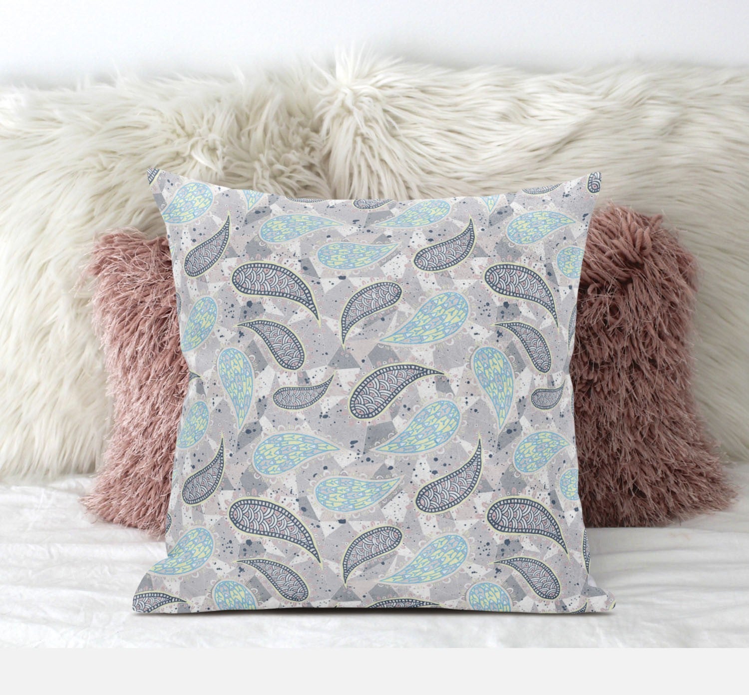 16 英寸灰色綠松石波西米亞風佩斯利絨面革抱枕