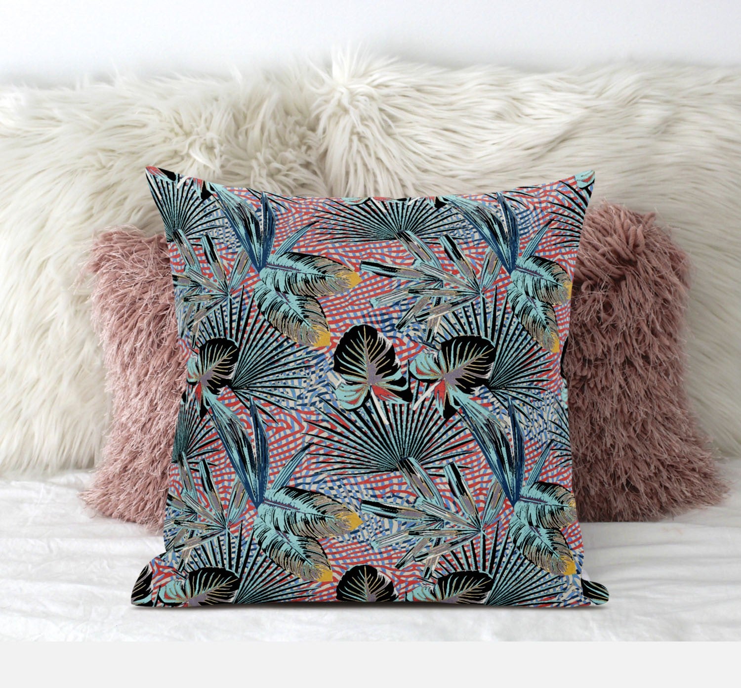 Cojín de gamuza tropical rojo aguamarina de 18"