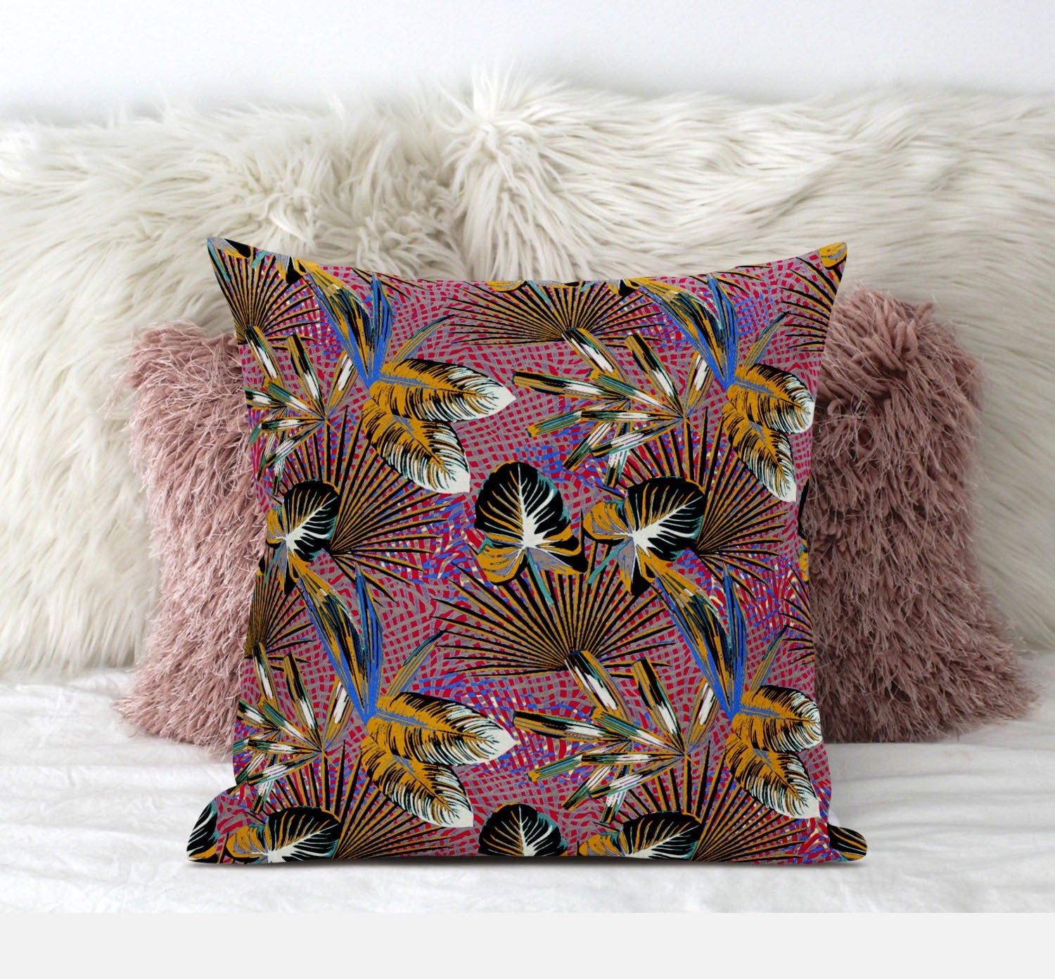 Cojín de gamuza tropical dorado magenta de 18"