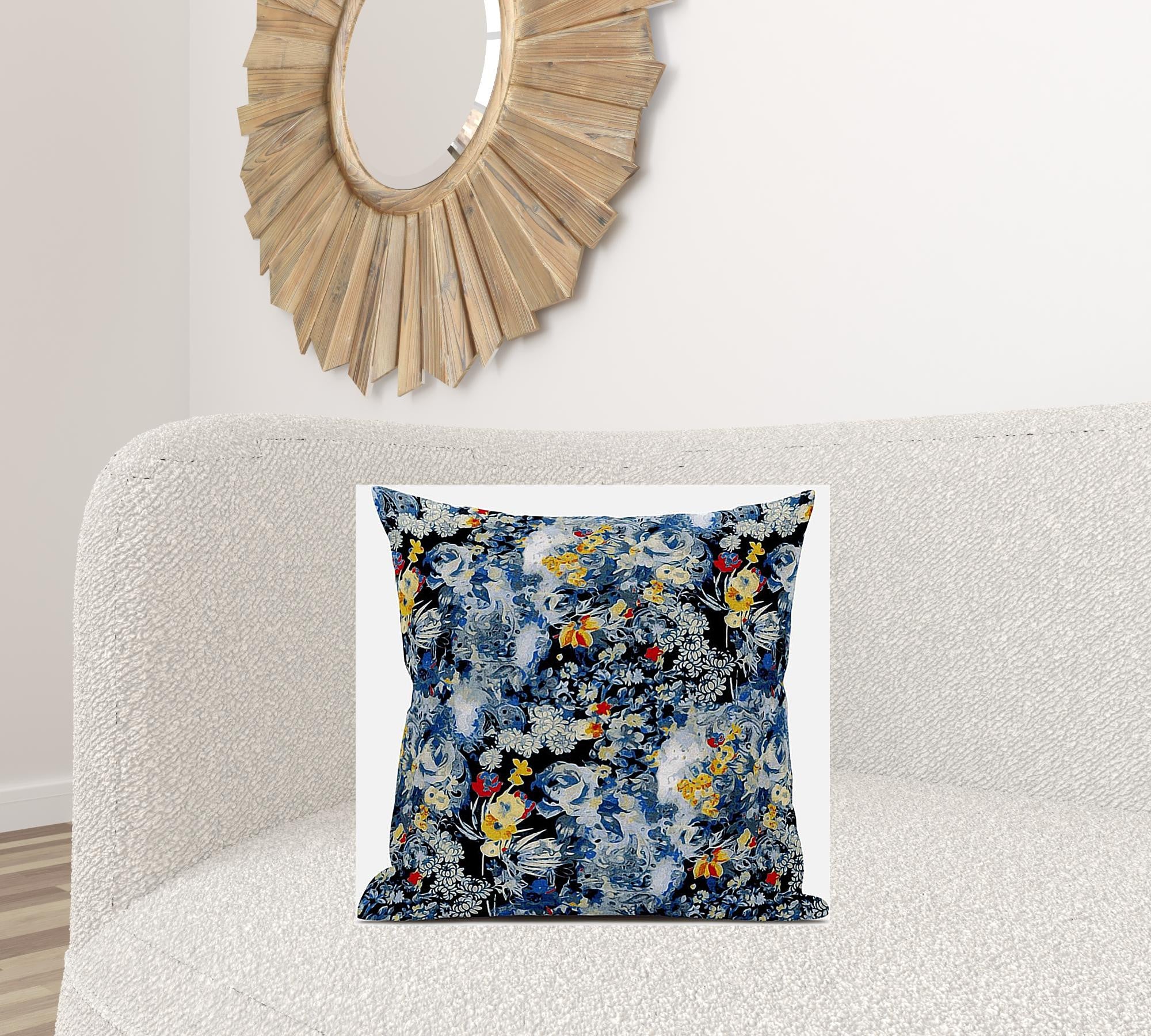 18" Blue Yellow Springtime Suede Throw Pillow