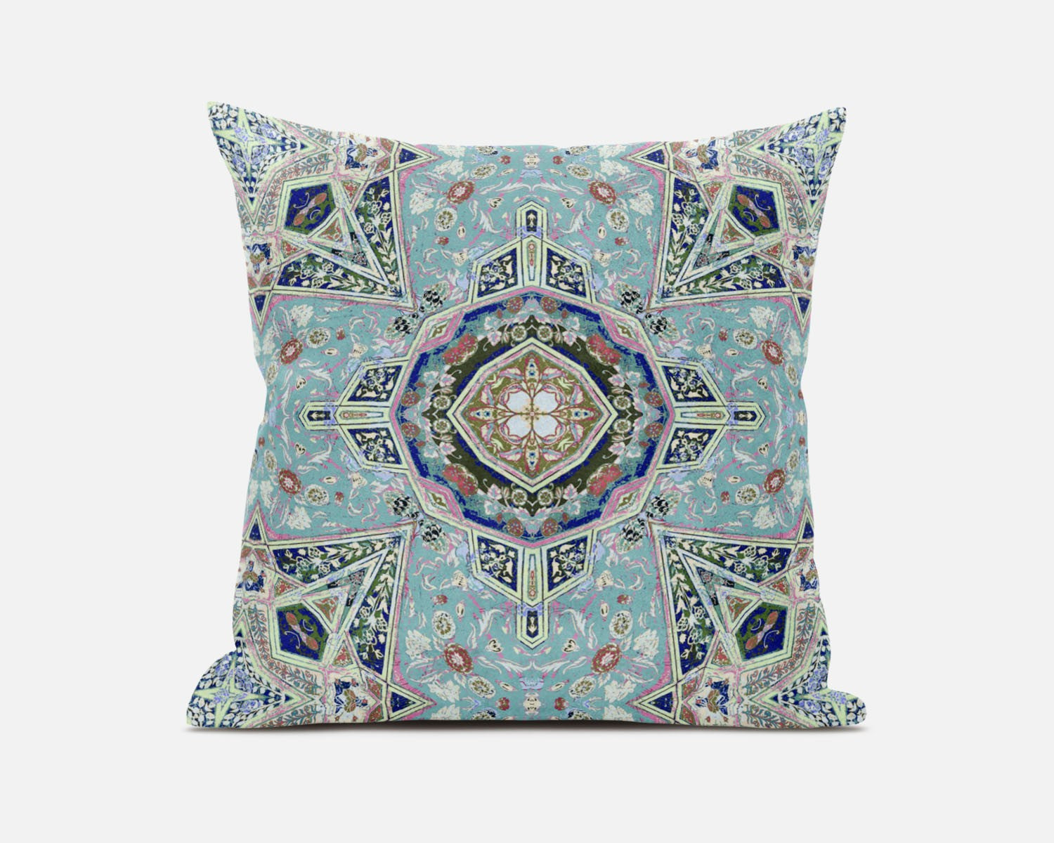 18" Aqua Blue Floral Geometric Suede Throw Pillow