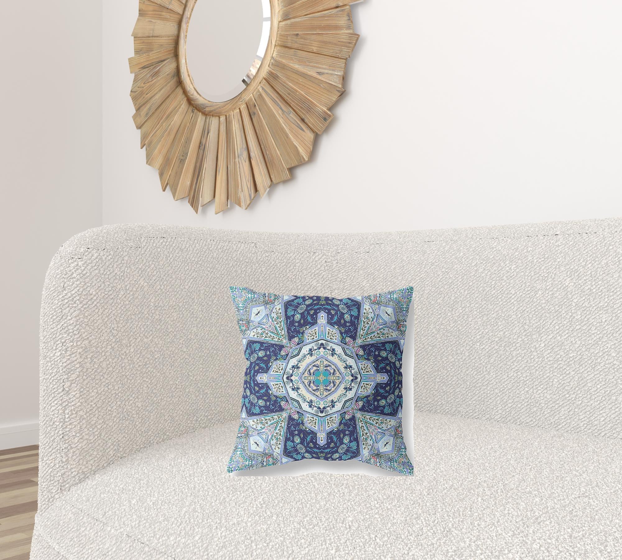 16" Indigo Blue Boho Floral Geo Suede Throw Pillow