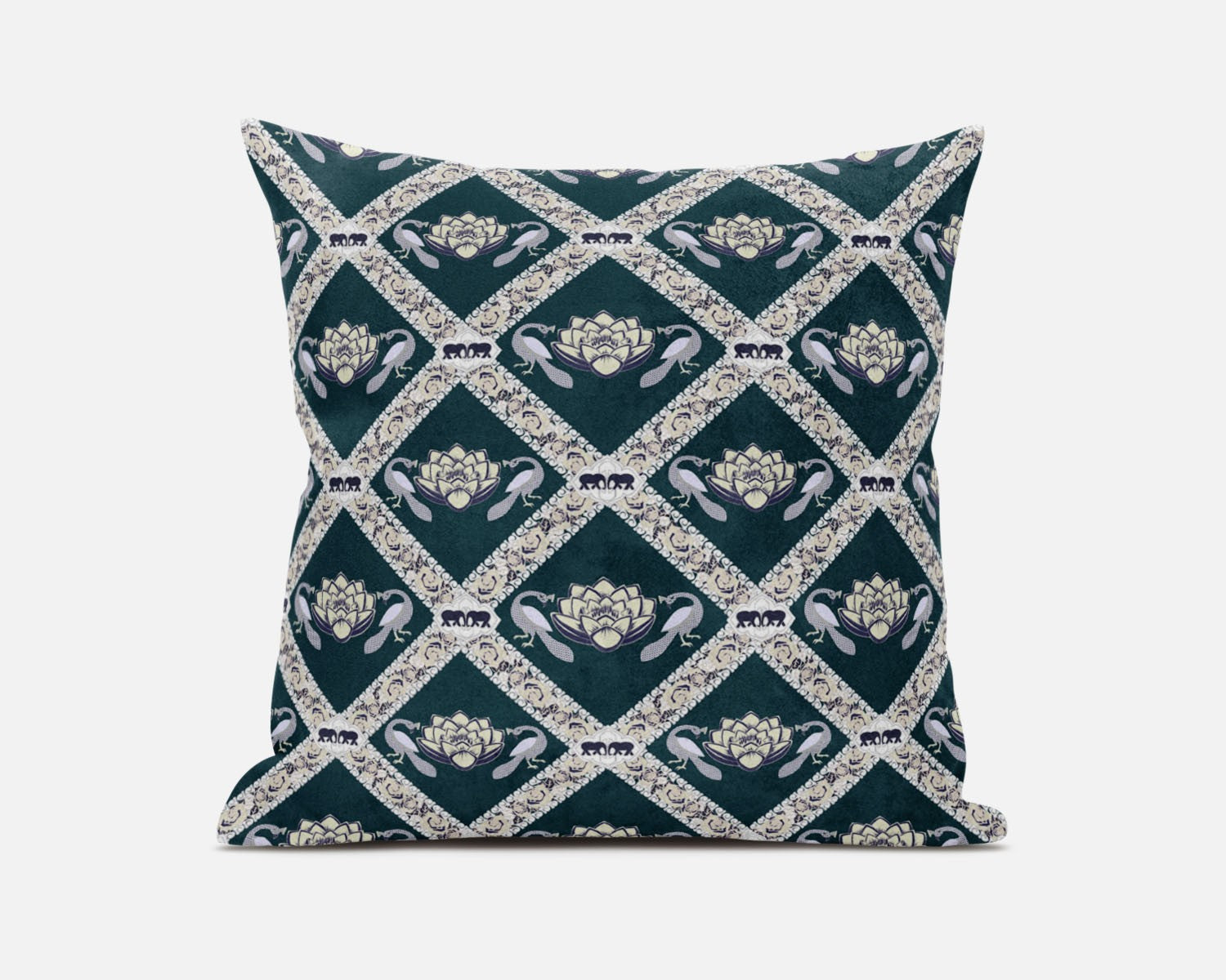 18" X 18" Dark Green Yellow Gray Lotus Floral Blown Seam Suede Throw Pillow