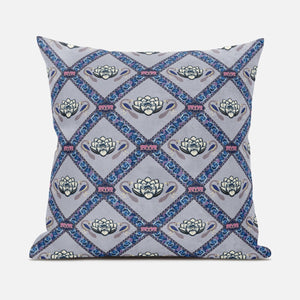 16" X 16" Gray Sea Blue Pink Lotus Floral Blown Seam Suede Throw Pillow