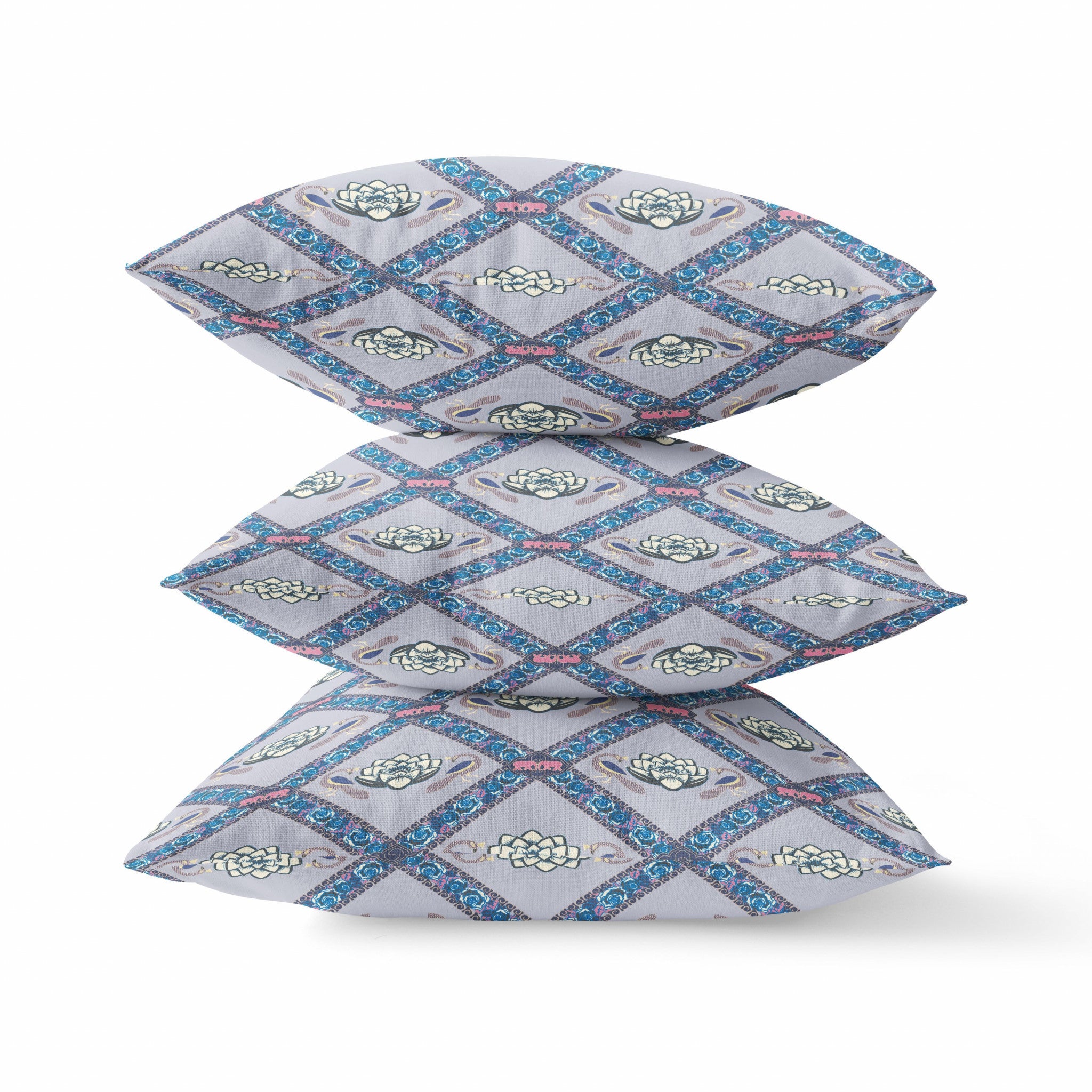 16" X 16" Gray Sea Blue Pink Lotus Floral Blown Seam Suede Throw Pillow