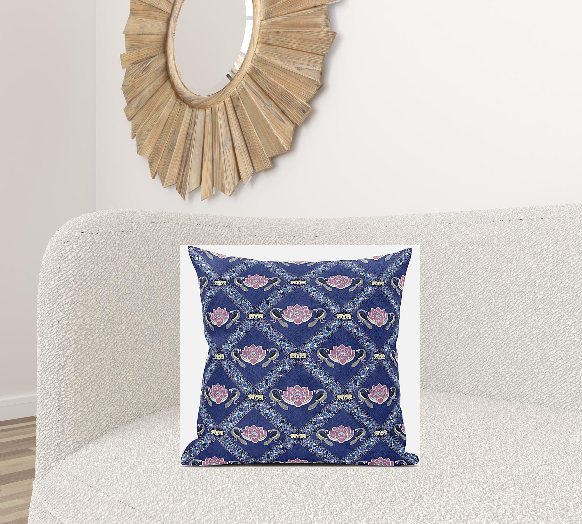 18" X 18" Purple Blue Pink Lotus Floral Blown Seam Suede Throw Pillow