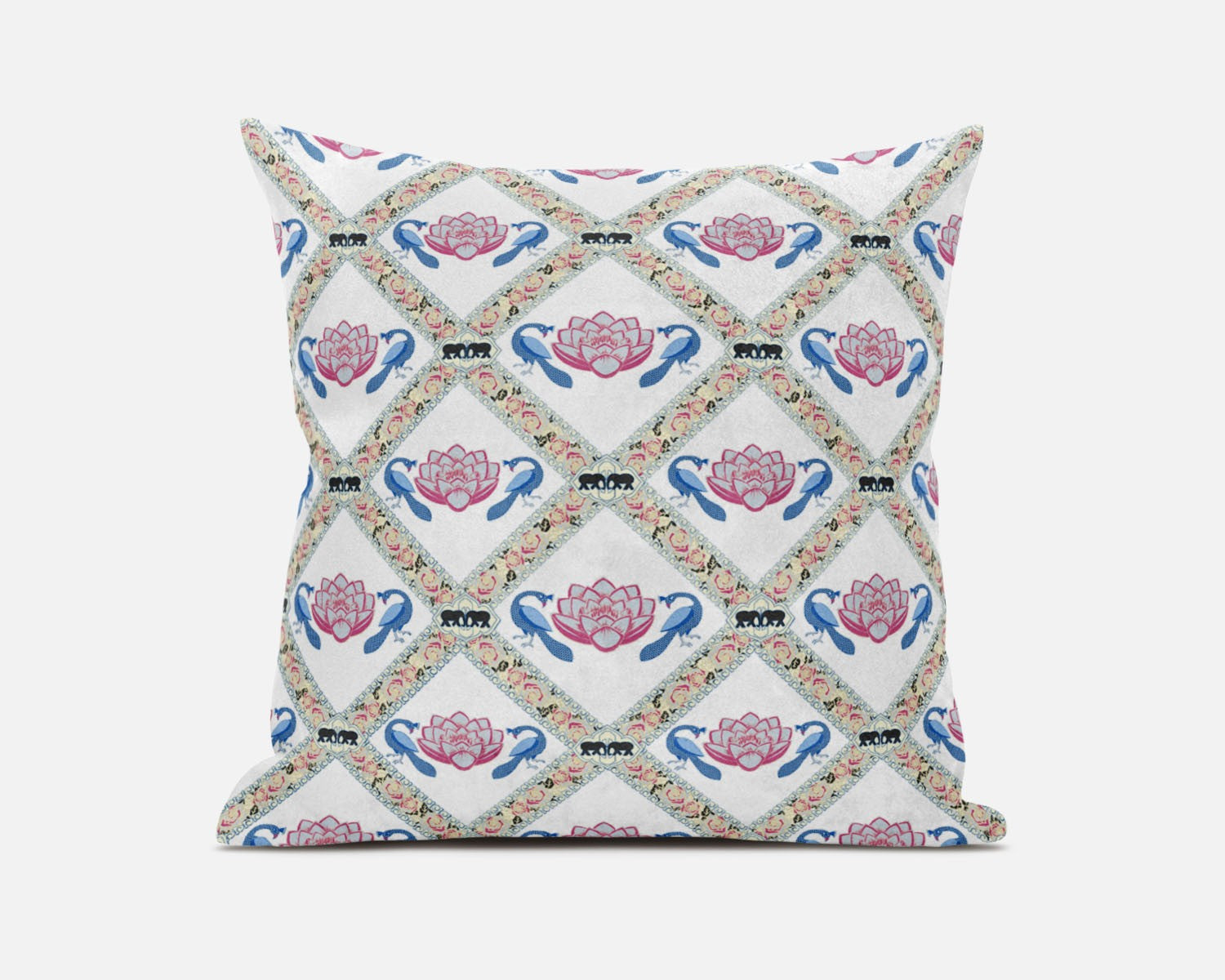 18 英寸 X 18 英寸白色藍灰色蓮花花卉吹縫絨面革抱枕