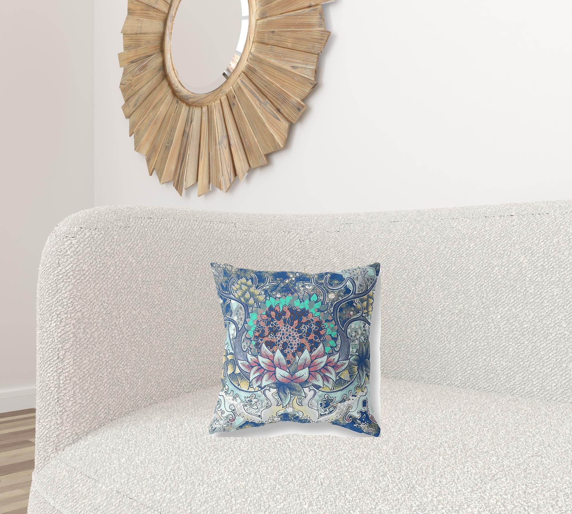16” Blue Aqua Flower Bloom Suede Throw Pillow