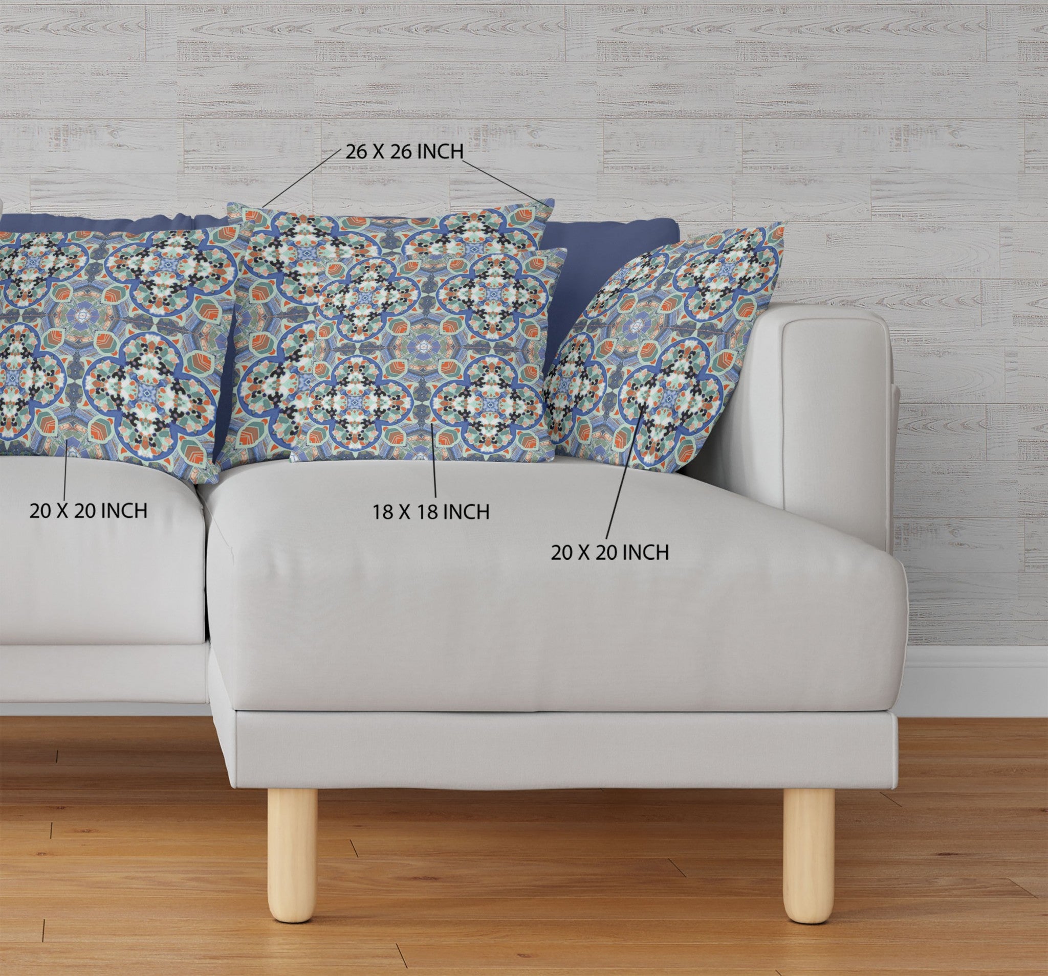 Cojín de gamuza boho de hoja de trébol azul naranja de 18"