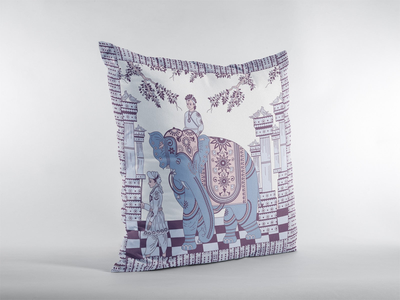 18” Blue Purple Ornate Elephant Indoor Outdoor Throw Pillow