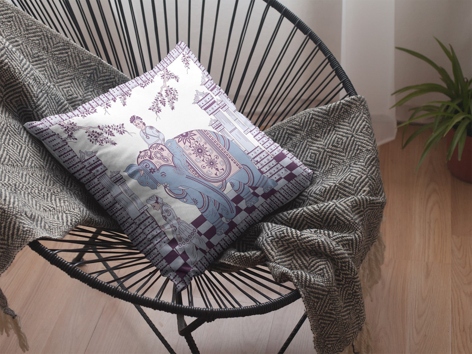 18” Blue Purple Ornate Elephant Indoor Outdoor Throw Pillow