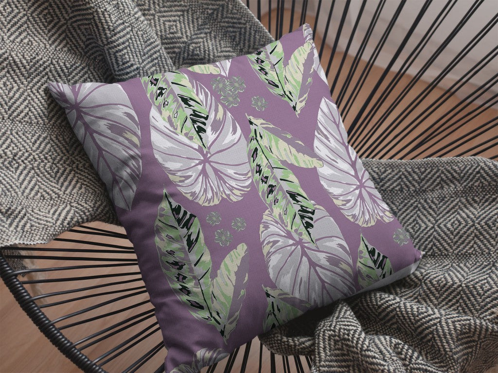18” White Purple Tropical Leaf Indoor Outdoor Throw Pillow