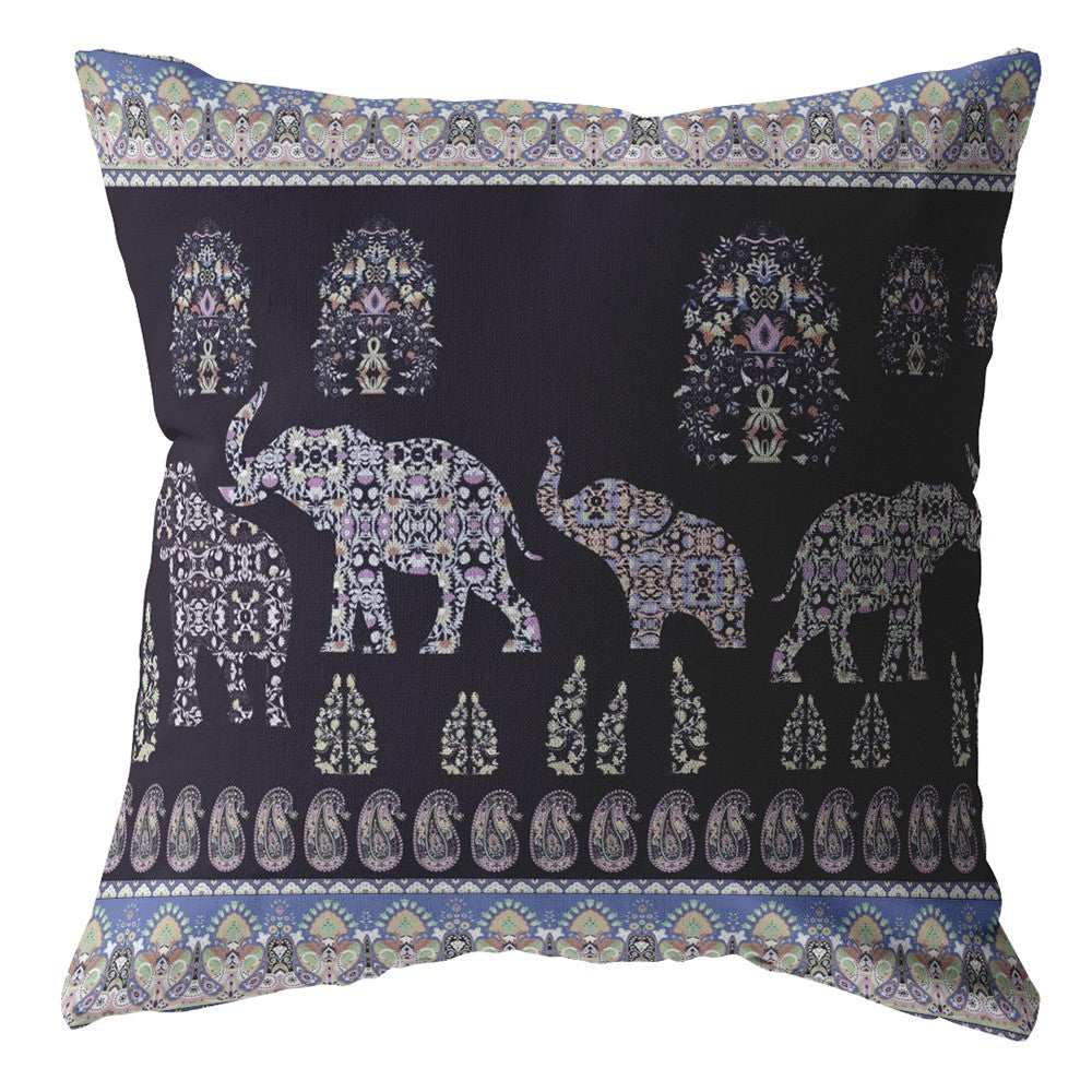 18” Purple Ornate Elephant Indoor Outdoor Zippered Throw Pillow
