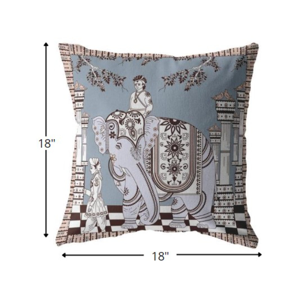 18” Blue Brown Ornate Elephant Indoor Outdoor Zippered Throw Pillow