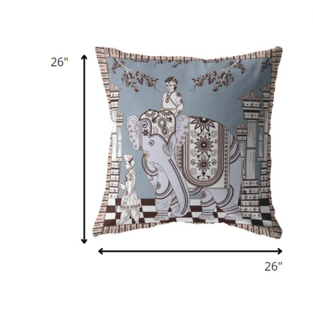18” Blue Brown Ornate Elephant Indoor Outdoor Zippered Throw Pillow