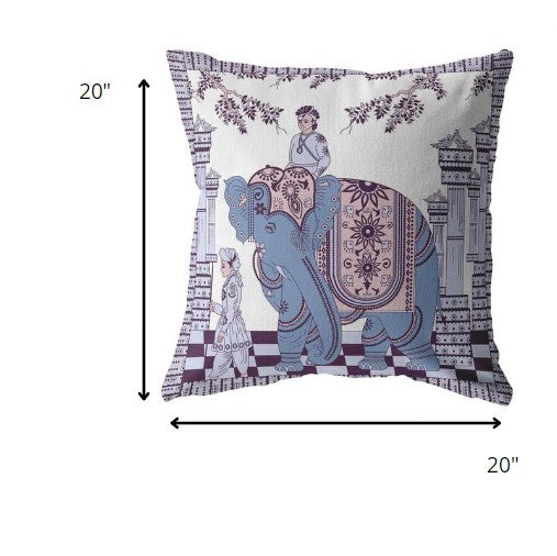 18” Blue Purple Ornate Elephant Indoor Outdoor Zippered Throw Pillow