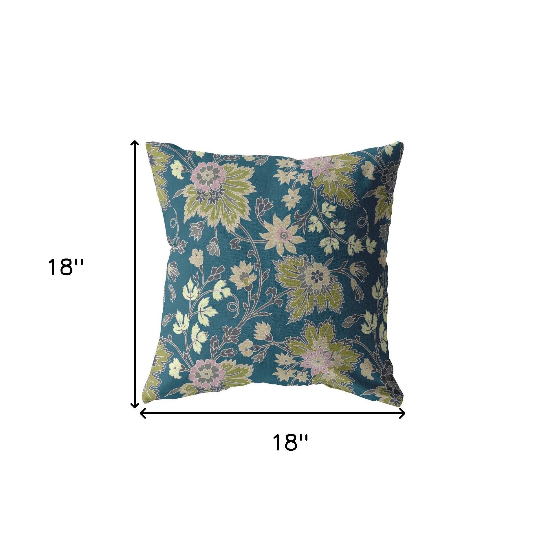18” Teal Green Jacobean Indoor Outdoor Zippered Throw Pillow