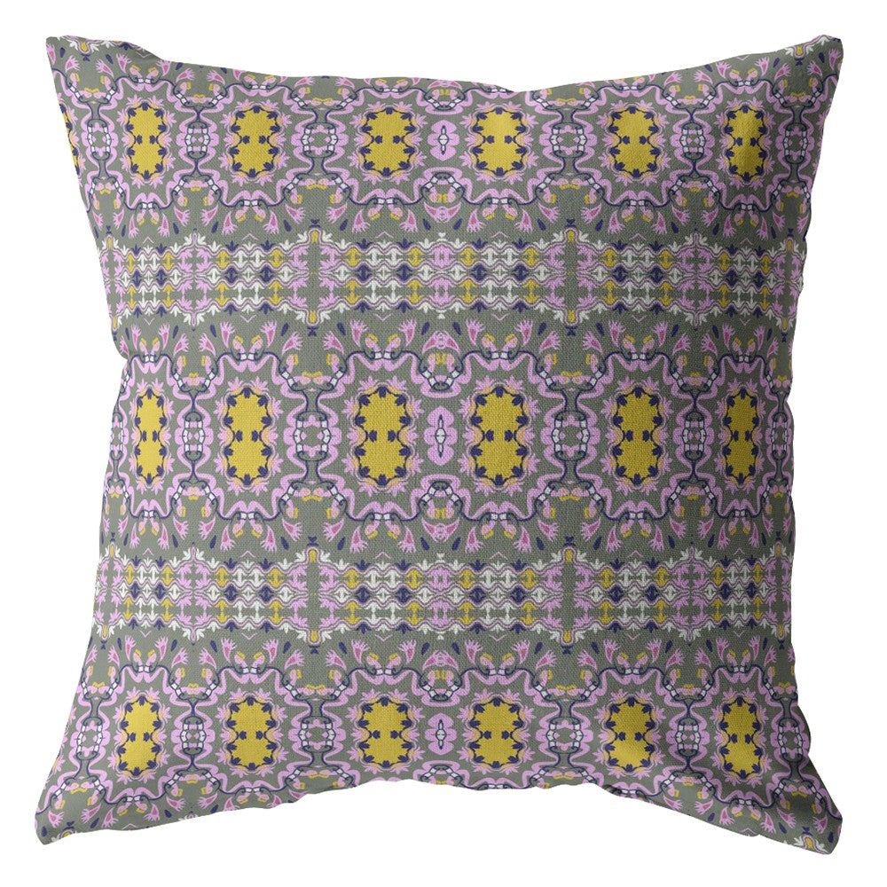 18” Purple Yellow Geofloral Indoor Outdoor Zippered Throw Pillow