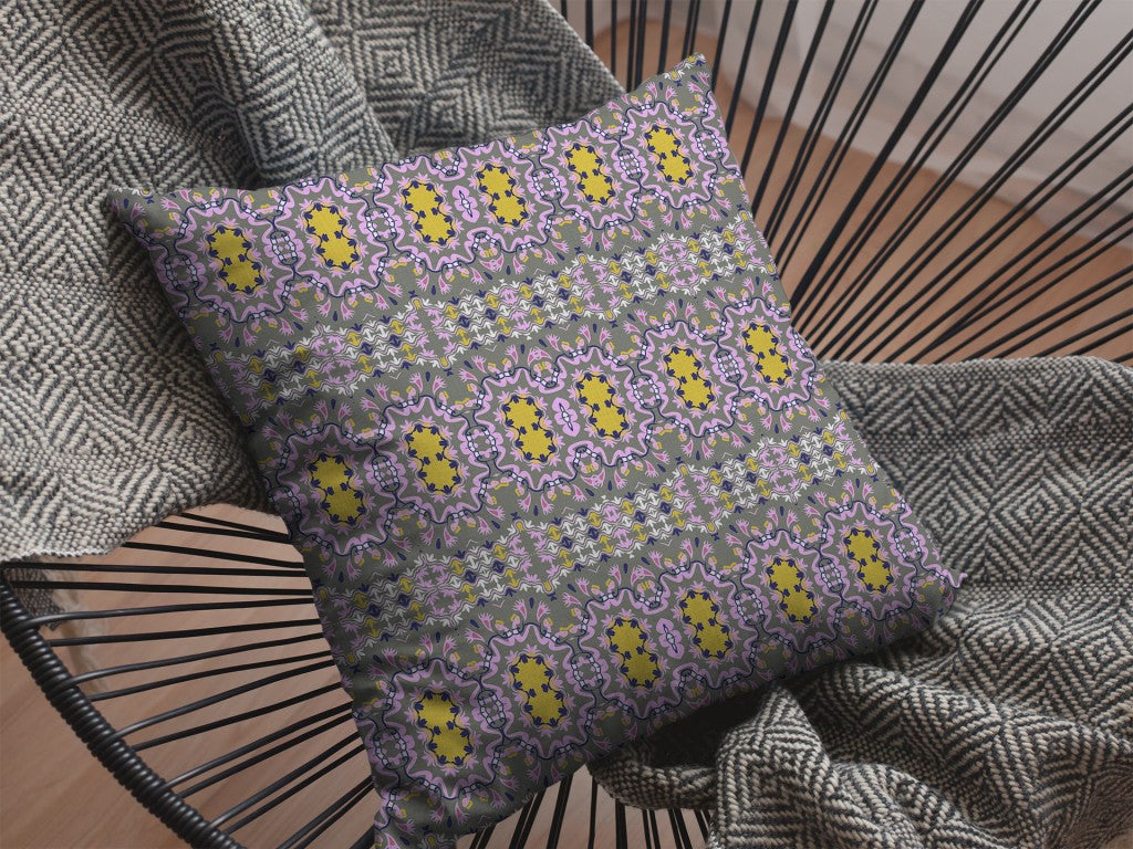 18” Purple Yellow Geofloral Indoor Outdoor Zippered Throw Pillow
