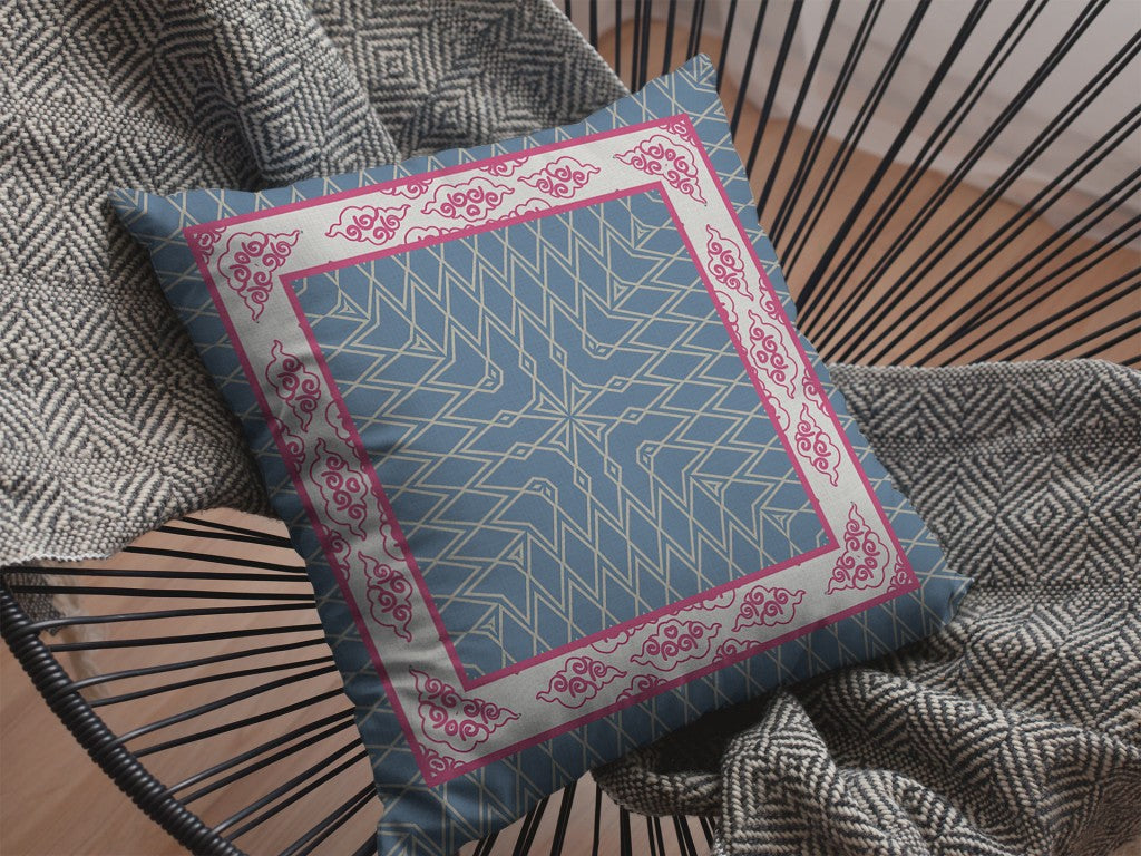 16" Pink Blue Nest Ornate Frame Indoor Outdoor Zippered Throw Pillow